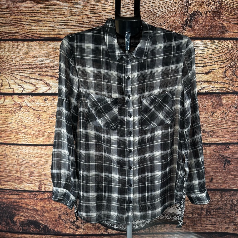 Sheer Plaid Button Down Shirt Bandanaβ Paisley Back Panel, Size Medium